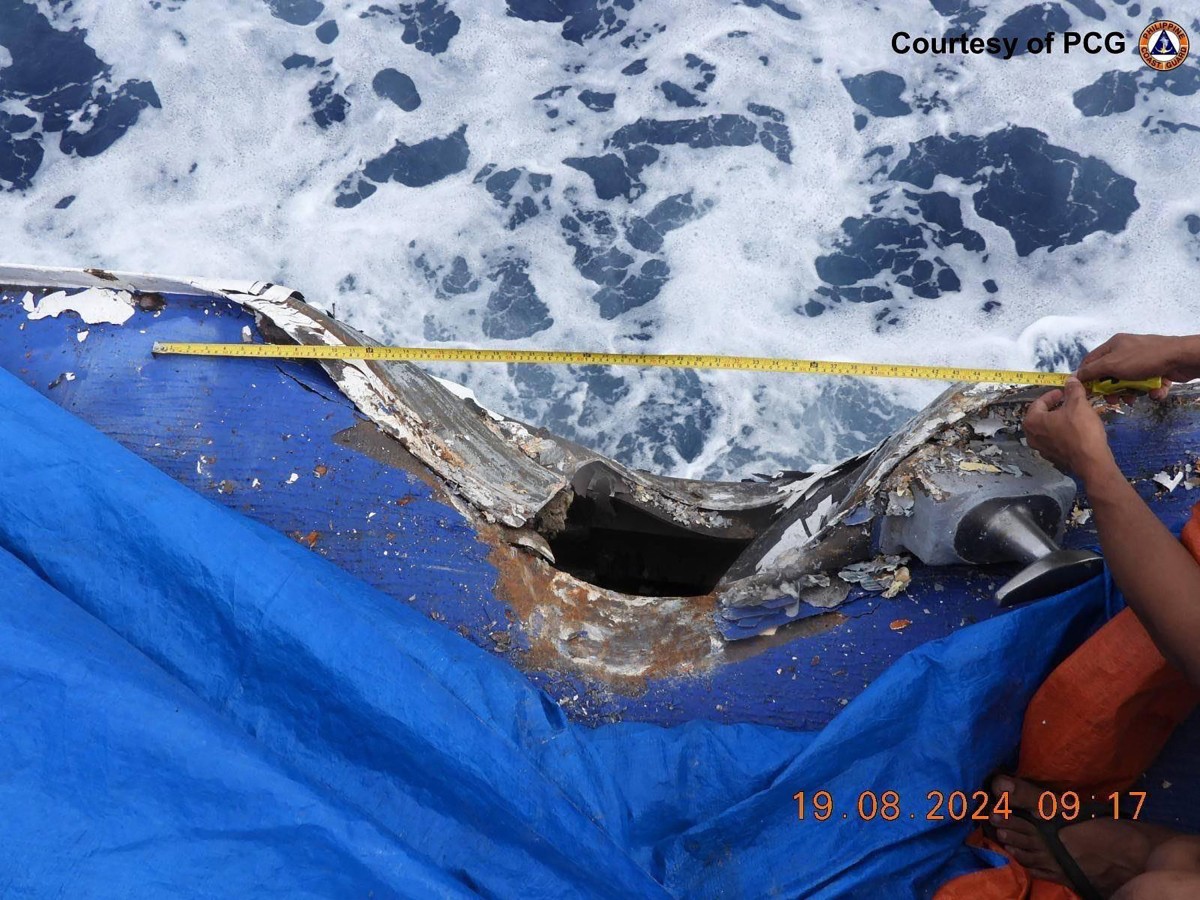 This handout photo taken and released by the Philippine Coast Guard (PCG) on August 19, 2024 shows damage to the Coast Guard ship BRP Cape Engano (MRRV-4411) following a collision with a Chinese coast guard vessel near Sabina Shoal in disputed waters of the South China Sea. Photo by Handout / Philippine Coast Guard (PCG) / AFP.