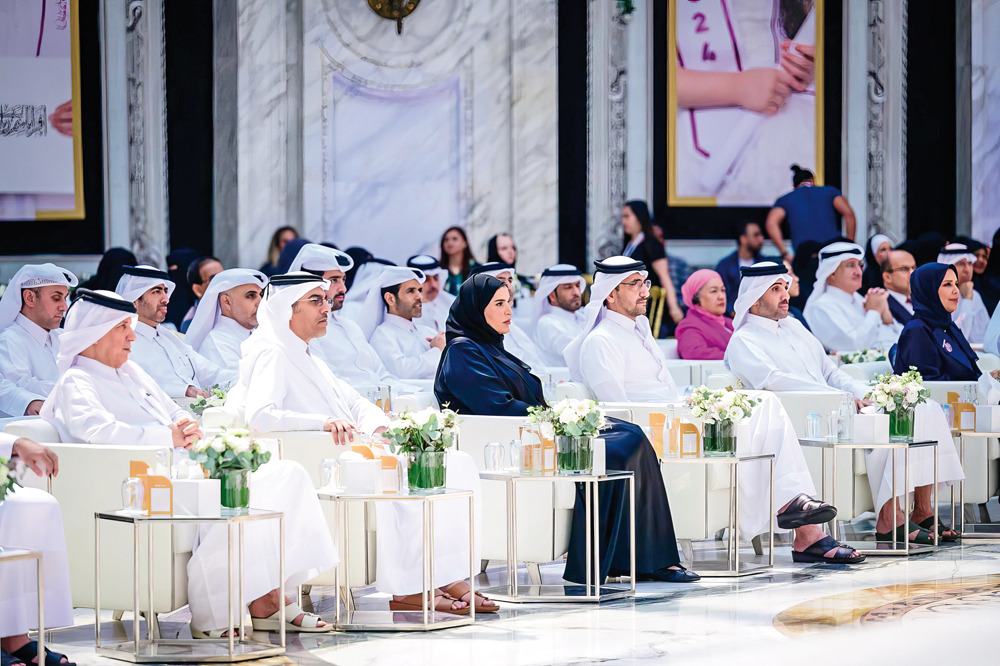 Minister of Labour H E Dr. Ali bin Smaikh Al Marri; Minister of Social Development and Family H E Maryam bint Ali bin Nasser Al Misnad; Minister of Justice and Minister of State for Cabinet Affairs H E Ibrahim bin Ali Al Mohannadi; and Minister of State for Foreign Affairs H E Sultan bin Saad Al Muraikhi during the honouring ceremony.