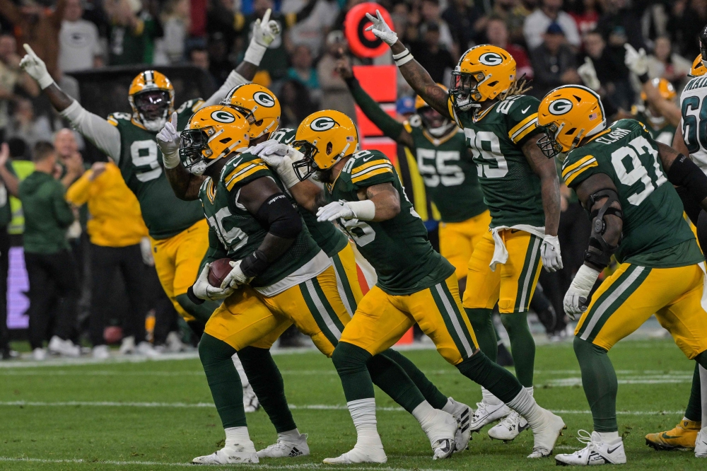 Green Bay Packers players celebrate during the NFL American football match Philadelphia Eagles vs Green Bay Packers, at Neo Quimica Arena,in Sao Paulo, Brazil, on September 6, 2024. (Photo by Nelson Almeida / AFP)