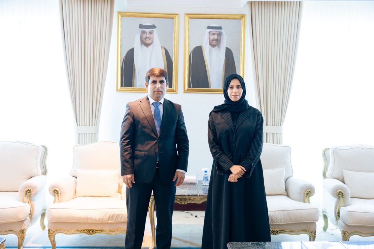Minister of State for International Cooperation H E Lolwah bint Rashid Al Khater with Ambassador of the Republic of Tajikistan to Qatar H E Nurmurod Mahmadali in Doha yesterday.