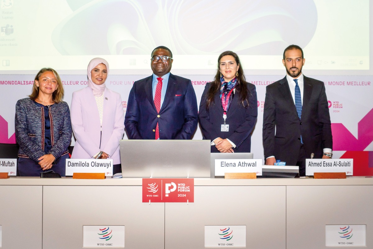 Ambassador and Permanent Representative of the State of Qatar to the United Nations Office in Geneva H E Hend Al Muftah (second left), Director of the Office of the State of Qatar to the WTO and other economic organizations in Geneva, Ahmed Al Sulaiti, (right); with Professor and Unesco Chairholder on Environmental Law and Sustainable Development at HBKU, Dr. Damilola S. Olawuyi (SAN) (centre); and other officials at the event.
