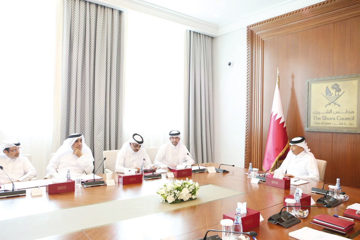Speaker of the Shura Council H E Hassan bin Abdullah Al Ghanim (right) and Minister of Justice and Minister of State for Cabinet Affairs H E Ibrahim bin Ali Al Mohannadi (second right) during the meeting.