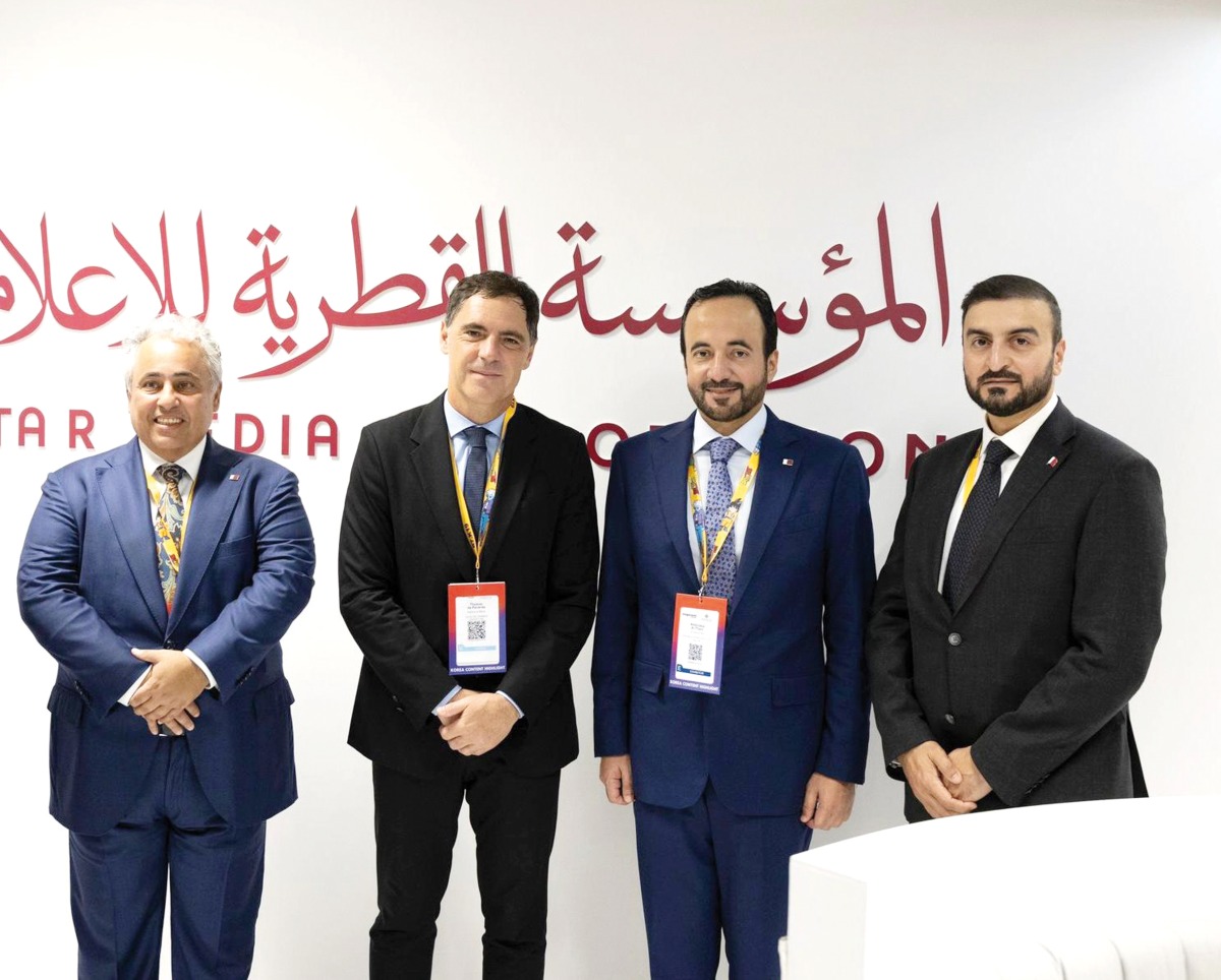 CEO of Qatar Media Corporation H E Sheikh Abdulaziz bin Thani Al Thani (second right); CEO of Media City Qatar Eng Jassim Mohamed Al Khori (right); and Ambassador of Qatar to France H E Sheikh Ali bin Jassem Al Thani (left) at MIPCOM in Cannes, France.