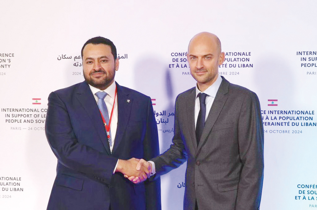 Minister of State at the Ministry of Foreign Affairs H E Dr. Mohammed bin Abdulaziz bin Saleh Al Khulaifi (left) with France's Foreign Affairs Minister H E Jean-Noel Barrot at the conference in Paris yesterday.
