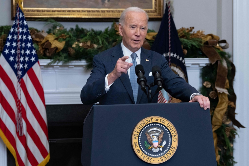 US President Joe Biden speaks about the situation in Syria in the Roosevelt Room at the White House in Washington, DC, on December 8, 2024 following a crisis meeting to discuss the sudden overthrow by Islamist-led rebels of President Bashar Al Assad. (Photo by Chris Kleponis / AFP)