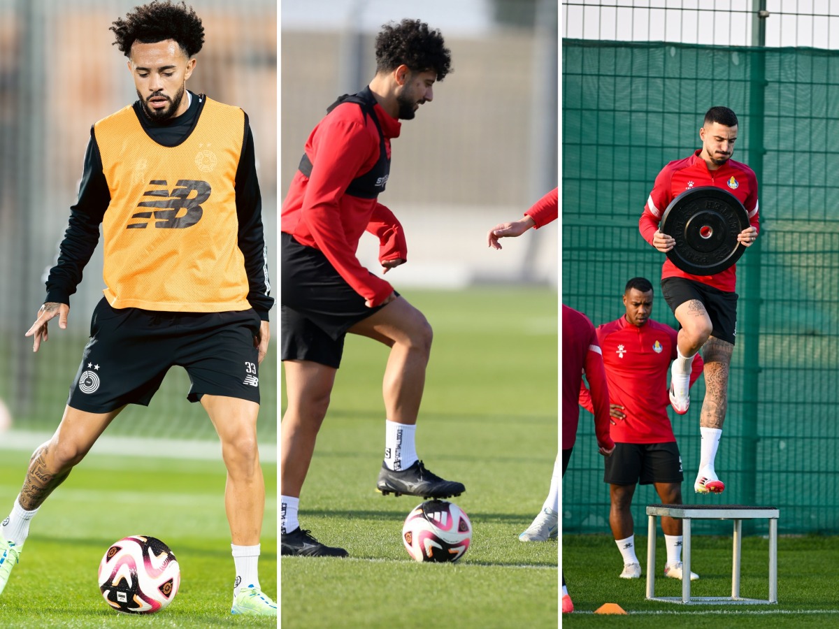 From left: Al Sadd’s new signing Claudinho attends a training session; file photo of Al Rayyan’s training session; and Al Gharafa players during a training session yesterday.