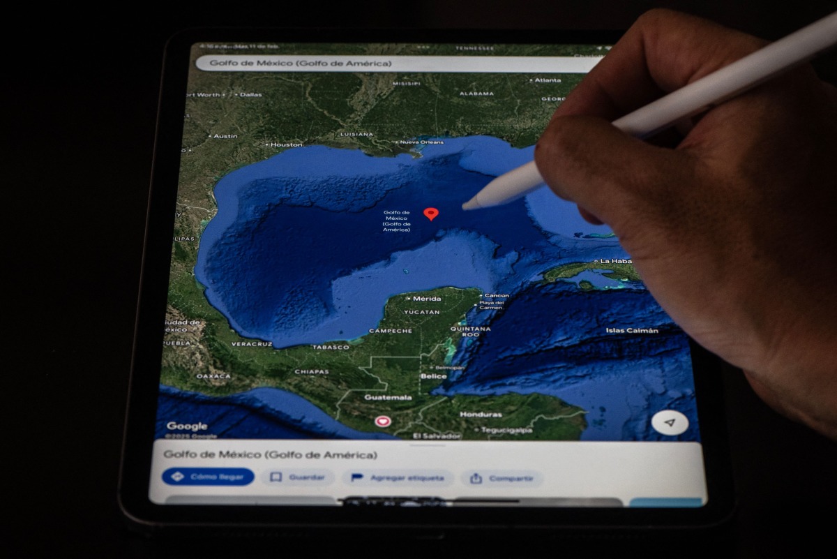 This photo illustration shows the Gulf of Mexico branded as Gulf of America displayed on the Google Maps application on a tablet on February 11, 2025, in Bogota, Colombia. (Photo by Luis ACOSTA / AFP)
