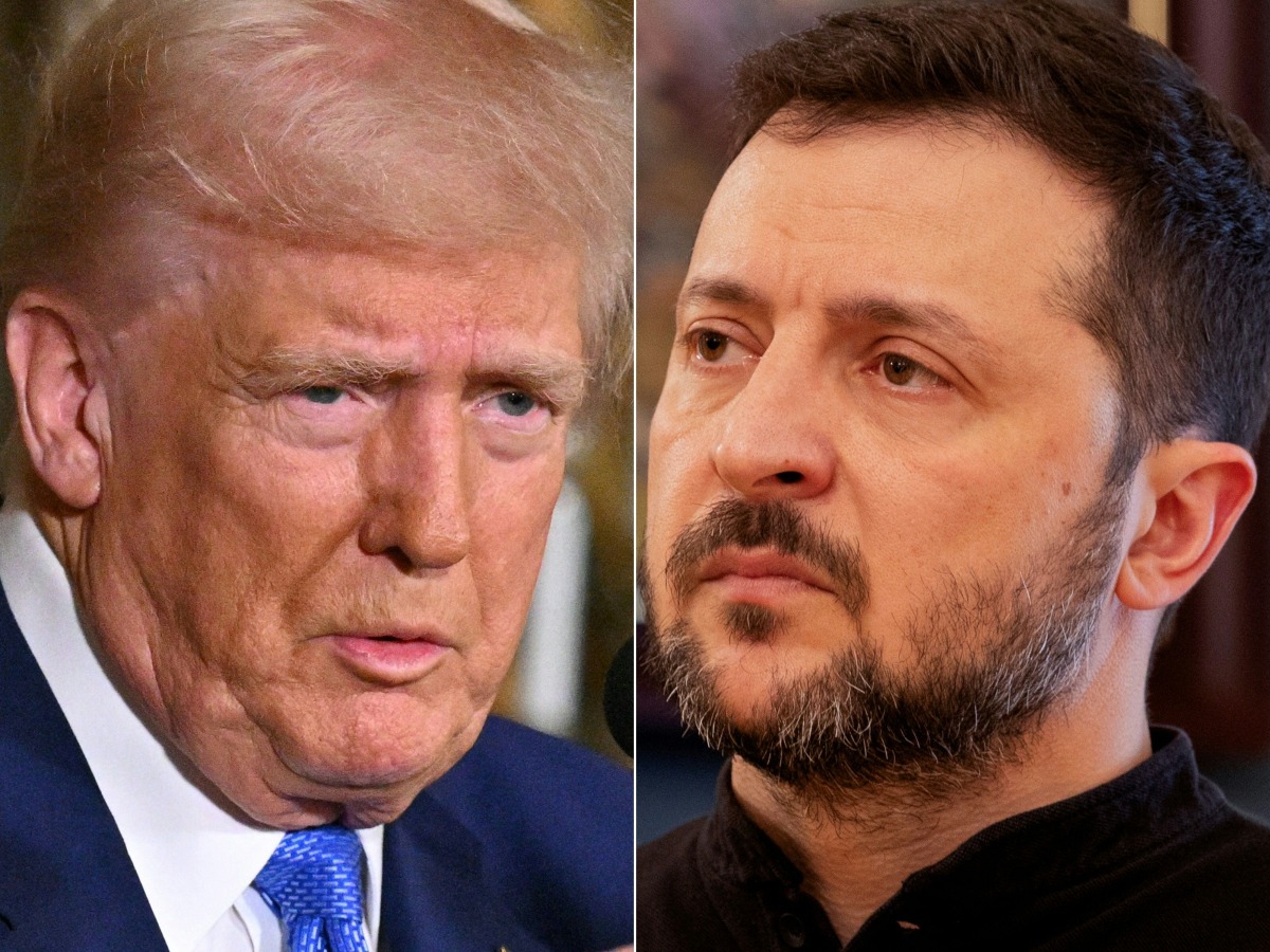 (COMBO) This combination of pictures created on February 19, 2025 shows, L-R, US President Donald Trump in Palm Beach, Florida, on February 18, 2025 and Ukraine's President Volodymyr Zelensky in Kyiv on February 19, 2025. (Photo by ROBERTO SCHMIDT and Tetiana DZHAFAROVA / various sources / AFP)
