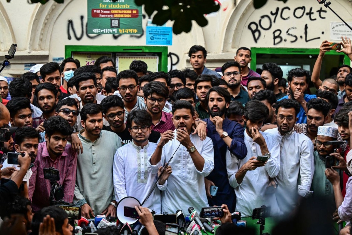 Students address a press conference as they unveil a political party, 'Bangladesh Gonotantrik Chhatra Sangsad,' at Dhaka University in Dhaka on February 26, 2025. Photo by MUNIR UZ ZAMAN / AFP.
