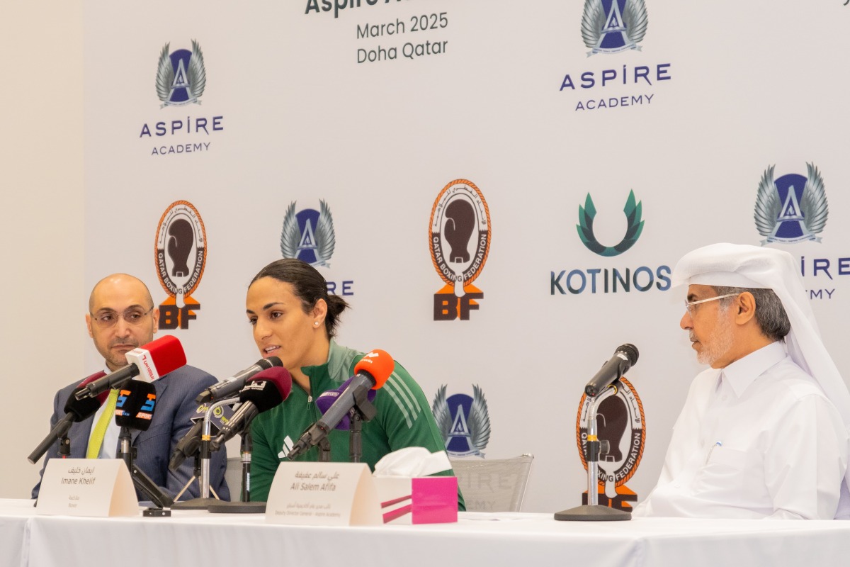 Algeria’s Olympic boxing champion Imane Khelif speaks during a press conference yesterday. Vice Chairman and CEO of Kotinos – Aspire Sports Consulting and Management company Ahmed Anani (left) and Aspire Academy’s Deputy Director General Ali Salem Afifa are also present.