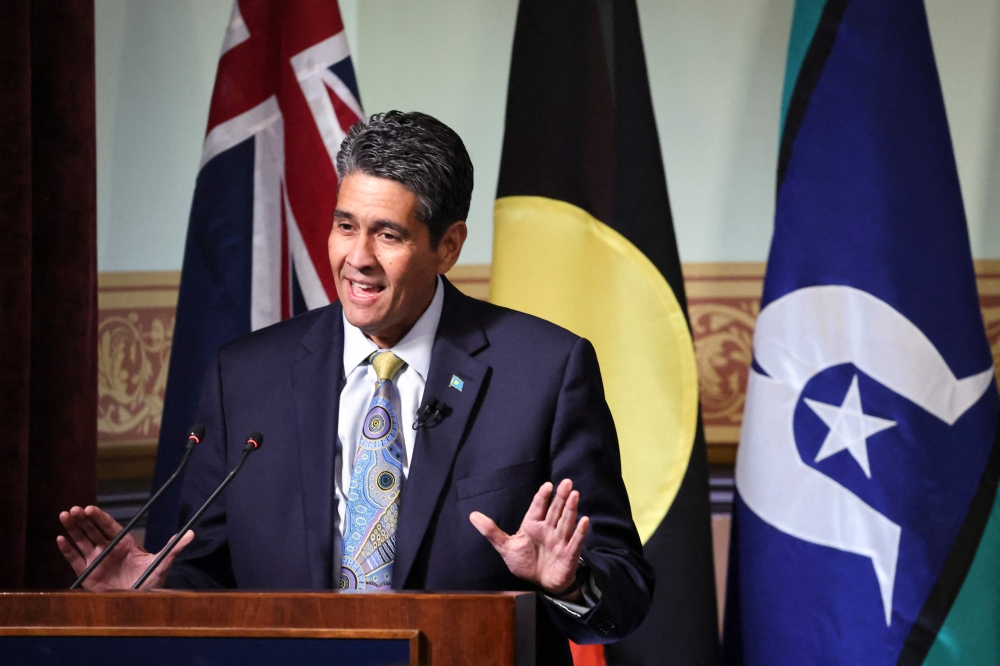 Palau's President Surangel Whipps Jr. reacts as he speaks during a function at the Lowy Institute in Sydney on April 10, 2025. (Photo by David Gray / AFP)

