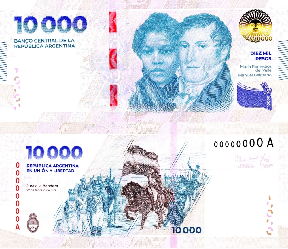 This handout picture released by the Central Bank of Argentina shows the new 10,000 pesos banknote in Buenos Aires on May 7, 2024. (Photo by Handout / Central Bank of Argentina / AFP)