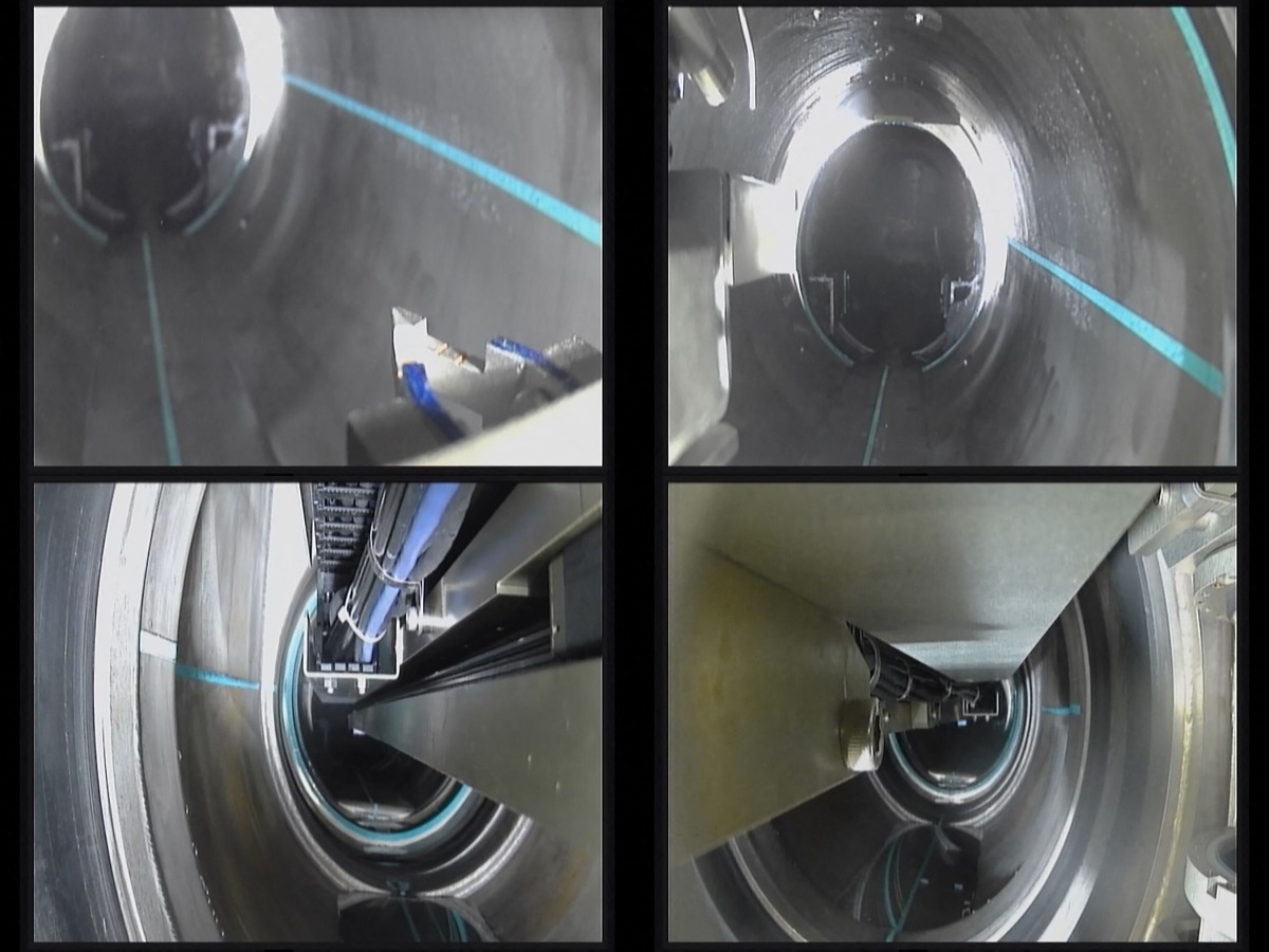 This handout photo taken and released on April 15, 2025 from Tokyo Electric Power Company (TEPCO) shows a combination of images illustrating the end jig passing through the isolation valve during the second fuel debris trial retrieval at TEPCO's Fukushima Daiichi nuclear power plant in Okuma, Fukushima prefecture. Photo by Handout / TEPCO / AFP