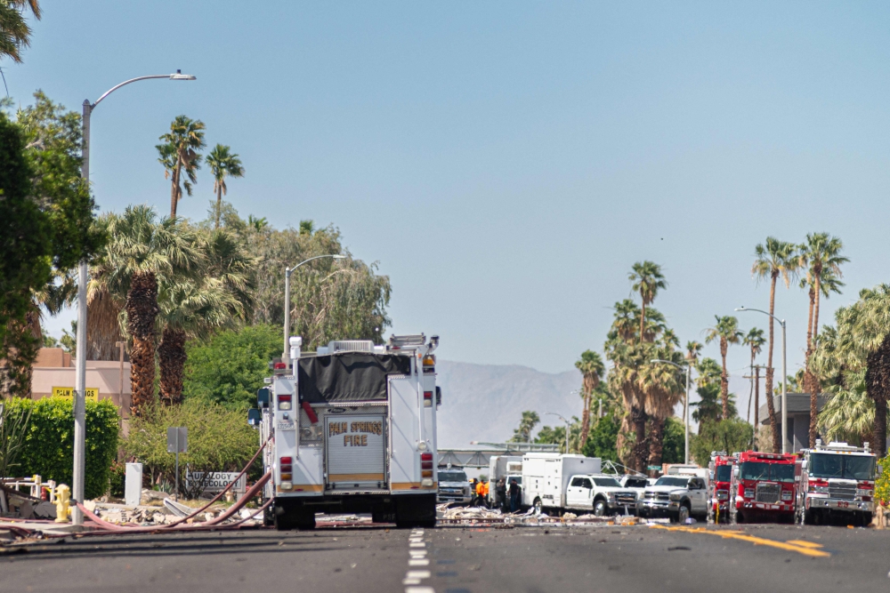 Firetrucks are seen outside a damaged American Reproductive Centers fertility clinic after a bomb blast outside the building in Palm Springs, California, on May 17, 2025. (Photo by Gabriel Osorio / AFP)