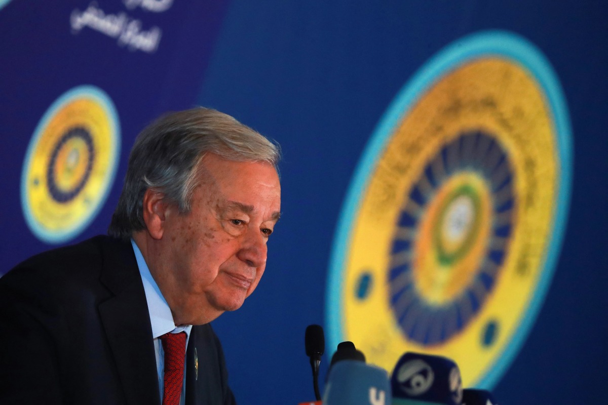 UN Secretary General Antonio Guterres holds a press conference on the sidelines of the 34th Arab League summit in Baghdad on May 17, 2025. Photo by AMEER AL-MOHAMMEDAWI / POOL / AFP.