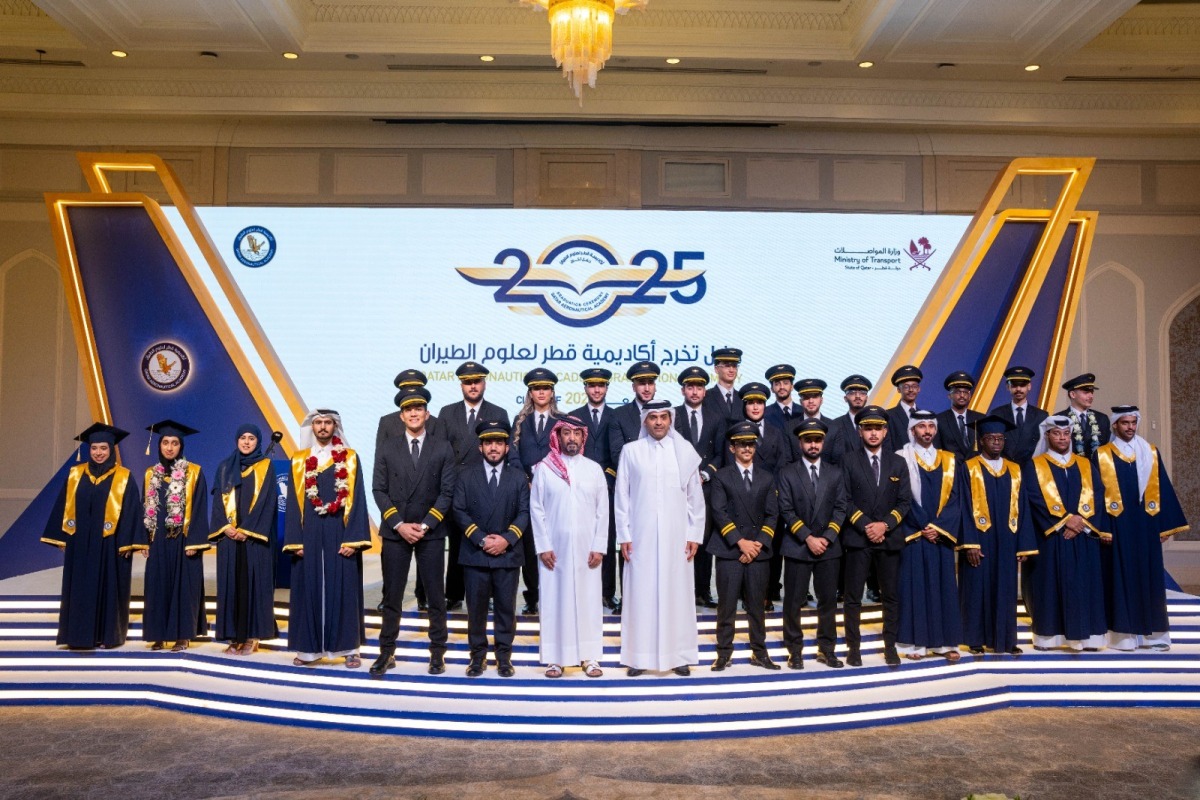 Minister of Transport H E Sheikh Mohammed bin Abdulla bin Mohammed Al Thani with officials and graduates of Qatar Aeronautical Academy (QAA) of the class of 2025 during a ceremony in Doha yesterday.

