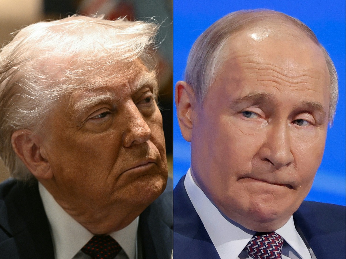 This combination of pictures created on March 30, 2025 shows US President Donald Trump at the White House on March 24, 2025, in Washington, DC and Russian President Vladimir Putin in Moscow on March 18, 2025. Photo by Brendan SMIALOWSKI and Maxim Shemetov / AFP.