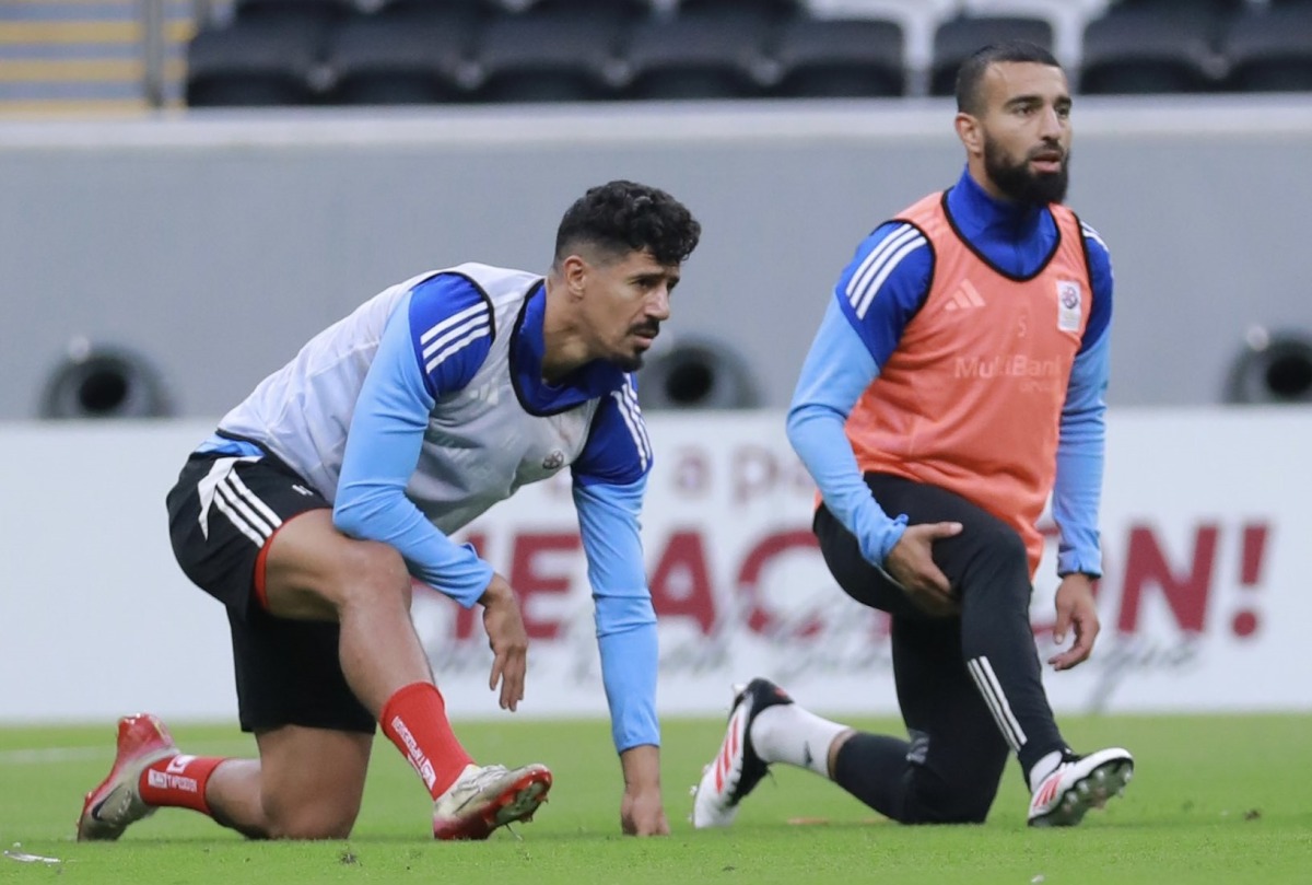 Al Shamal’s Baghdad Bounedjah (left) and Naim Sliti attend team’s training session.  