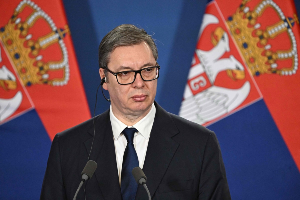 File: Serbian President Aleksandar Vucic listens during a joint press conference with the Hungarian Prime Minister at the Prime Minister's Office at Buda Castle in Budapest, Hungary, on February 17, 2025. (Photo by Attila Kisbenedek / AFP)