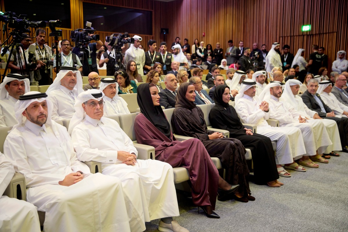 Chairperson of Qatar Foundation H H Sheikha Moza bint Nasser; Vice Chairperson of Qatar Foundation H E Sheikha Hind bint Hamad Al Thani; Minister of Social Development and Family H E Buthaina bint Ali Al Jabr Al Nuaimi and Minister of Public Health H E Mansoor bin Ebrahim Al-Mahmoud along with other Ministers and dignitaries at the conference yesterday.