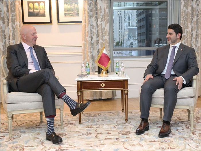 Qatar Central Bank (QCB) Governor, H E Sheikh Bandar bin Mohammed bin Saoud Al-Thani with Chairman of the Goldman Sachs Group, David Solomon in New York