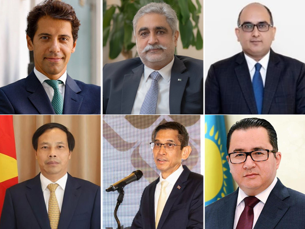 Clockwise from top left: Ambassador of Italy, H E Paolo Toschi; Ambassador of Pakistan, H E Muhammad Aamer; Ambassador of India, H E Vipul; Ambassador of Kazakhstan, H E Arman Issagaliyev; Ambassador of Thailand, H E Sira Swangsilpa; and Ambassador of Vietnam, H E Nguyen Huy Hiep