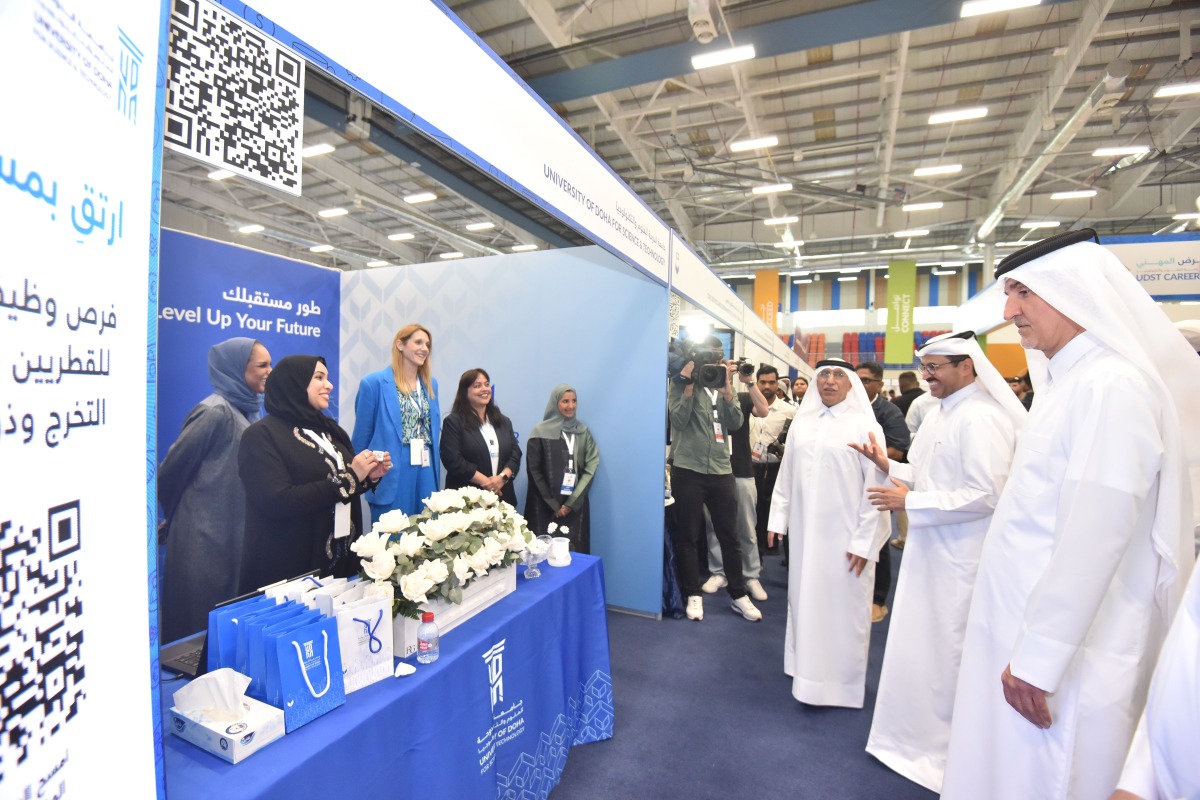 President of UDST Dr. Salem Al-Naemi touring the fair along with Chairman of the UDST’s Board of Trustees  H E Dr. Mohammed Saleh Al-Sada and Vice-Chair of UDST’s Board of Trustees and Managing Director and CEO of Qatar Petrochemical Company Dr. Mohammed Yousef Al-Mulla.