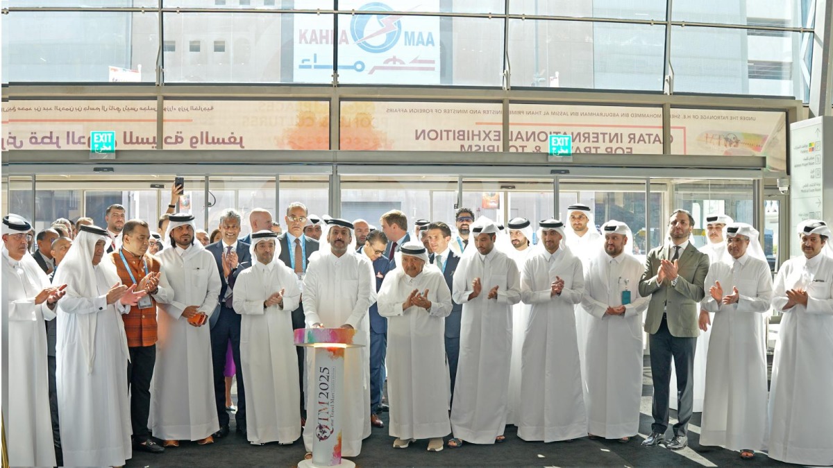 Minister of Commerce and Industry H E Sheikh Faisal bin Thani bin Faisal Al Thani inaugurating the event alongside Chairman of Qatar Tourism H E Saad bin Ali Al-Kharji (fourth left, front), H E Sheikh Faisal bin Qassim Al Thani (sixth left, front) and other dignitaries yesterday.