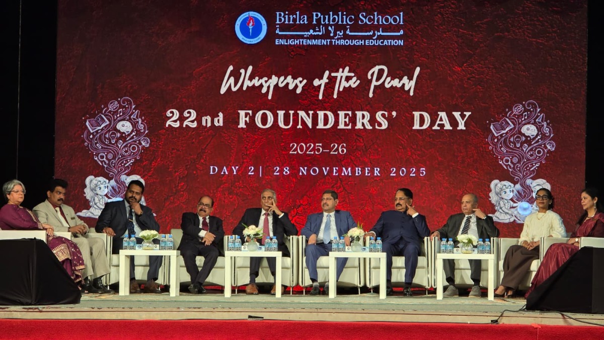 Managing Director of Aditya Birla Real Estate Ltd and Senior Governing Council Member of Birla Public School Qatar, R K Dalmia; Vice-Chairman Dr. Mohan Thomas; and Board Directors C V Rappai, Lukose K Chacko, and Gope Shahani, along with other officials, during the event.