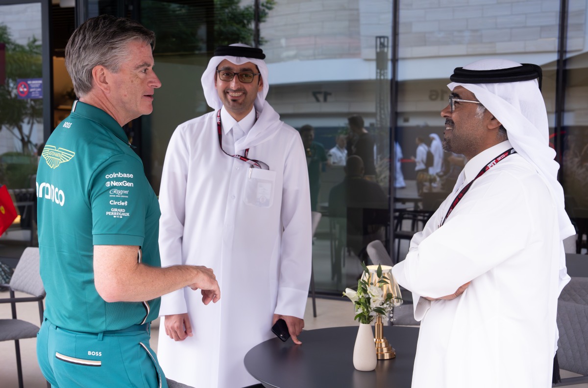 Andy Stevenson, Sporting Director of Aston Martin with LIC and QMMF President Abdulrahman bin Abdullatif Al-Mannai and LIC CEO Abdulaziz Ali Al Mohannadi