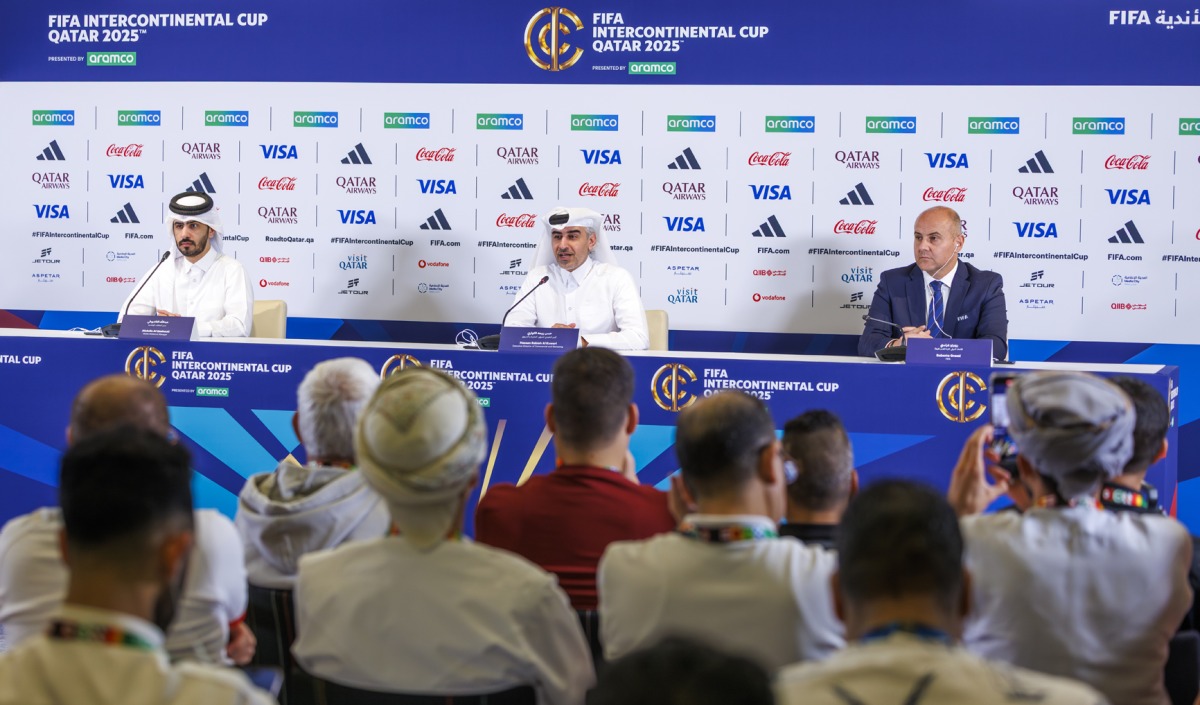 FROM LEFT: LOC Media Relations Manager Abdulla Al Qashouti, LOC Marketing, Promotion and Commercial Executive Director Hassan Al Kuwari and FIFA Representative Roberto Grassi during the pre-event press conference at Qatar National Convention Centre yesterday. 