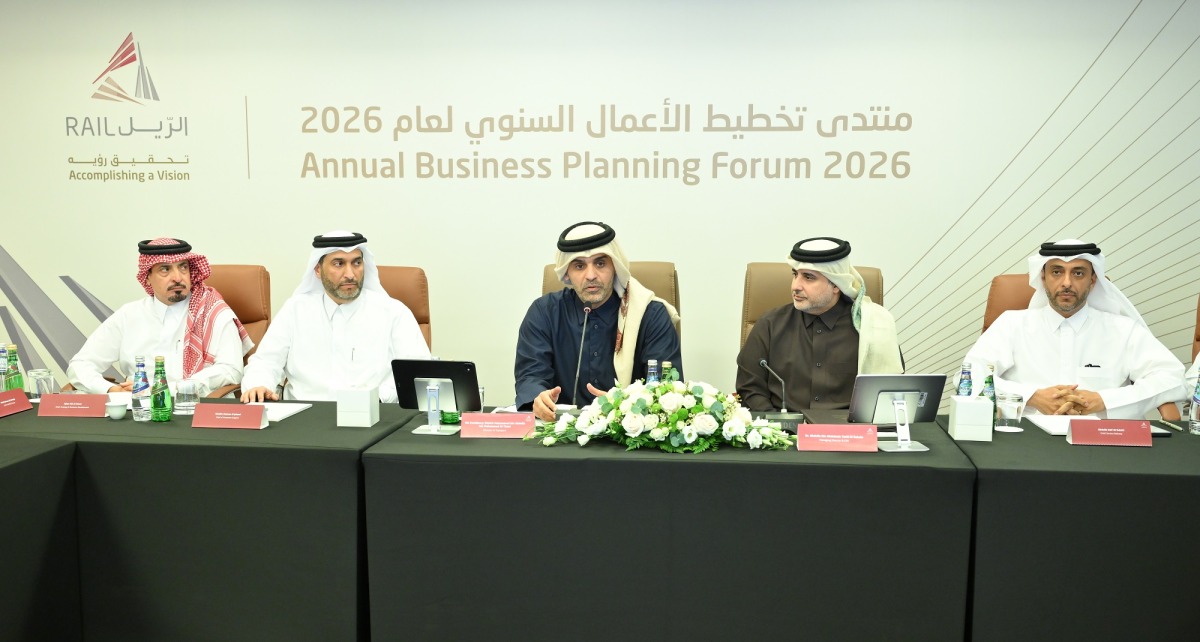 Minister of Environment and Climate Change and Managing Director and CEO of Qatar Rail H E Dr. Abdulla bin Abdulaziz Al Subaie and Minister of Transport H E Sheikh Mohammed bin Abdulla bin Mohammed Al Thani with other officials during the event.