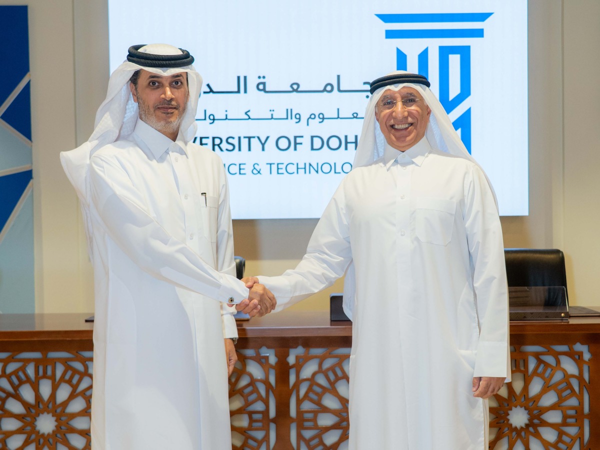 President of the University of Doha for Science and Technology (UDST) Dr. Salem Al-Naemi and Editor-in-Chief of The Peninsula and Media Advisor at Qatar Media Corporation (QMC) Prof. Khalid Mubarak Al-Shafi during honouring ceremony held recently at UDST premises.