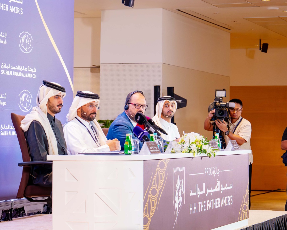 FROM LEFT: Director of Marketing and Communications Abdullah Al Qashouti, Deputy Event Director Mohammed Jaber Al Khayarin, CEO of In2Strides Alejandro Ancin Berdegue and Sporting Director of the Event Salemain Al Suwaidi attending a press conference at Al Shaqab yesterday.    