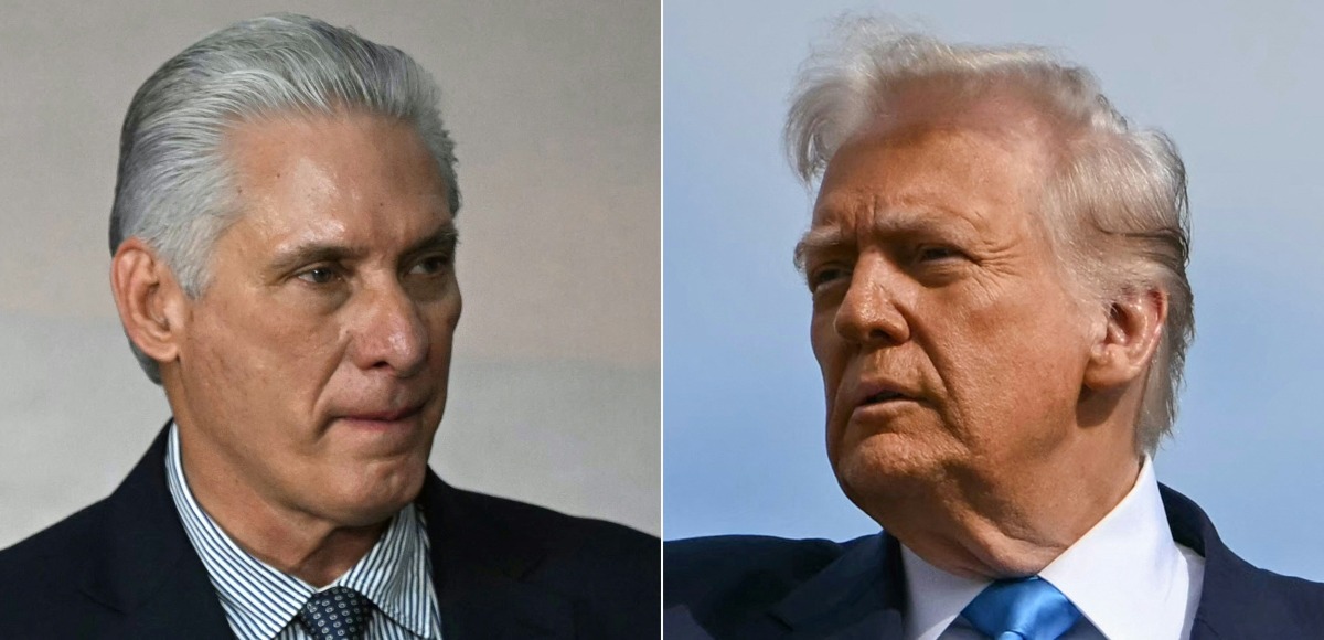 (COMBO) This combination of pictures created on January 11, 2026 shows Cuba's President and First Secretary Miguel Diaz-Canel (L) before a family photo during the BRICS summit in Rio de Janeiro, Brazil, on July 7, 2025; and US President Donald Trump as he boards Air Force One before travelling to South Korea, at Haneda Airport in Tokyo on October 29, 2025.(Photo by Mauro PIMENTEL and ANDREW CABALLERO-REYNOLDS / AFP)