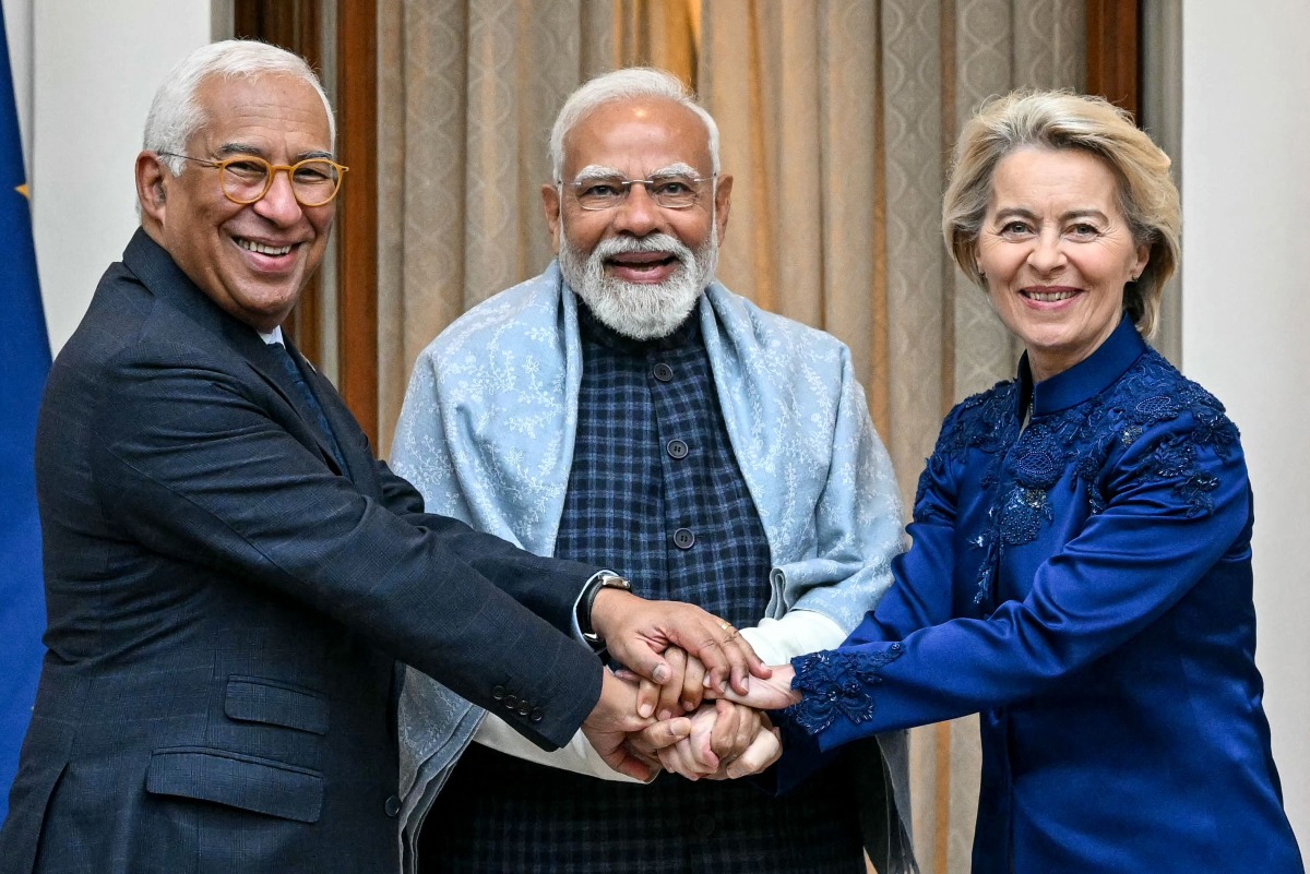 India's Prime Minister Narendra Modi (C) poses for a photograph with European Commission President Ursula von der Leyen (R) and European Council President Antonio Costa before their meeting at the Hyderabad House in New Delhi on January 27, 2026. Photo by Sajjad HUSSAIN / AFP