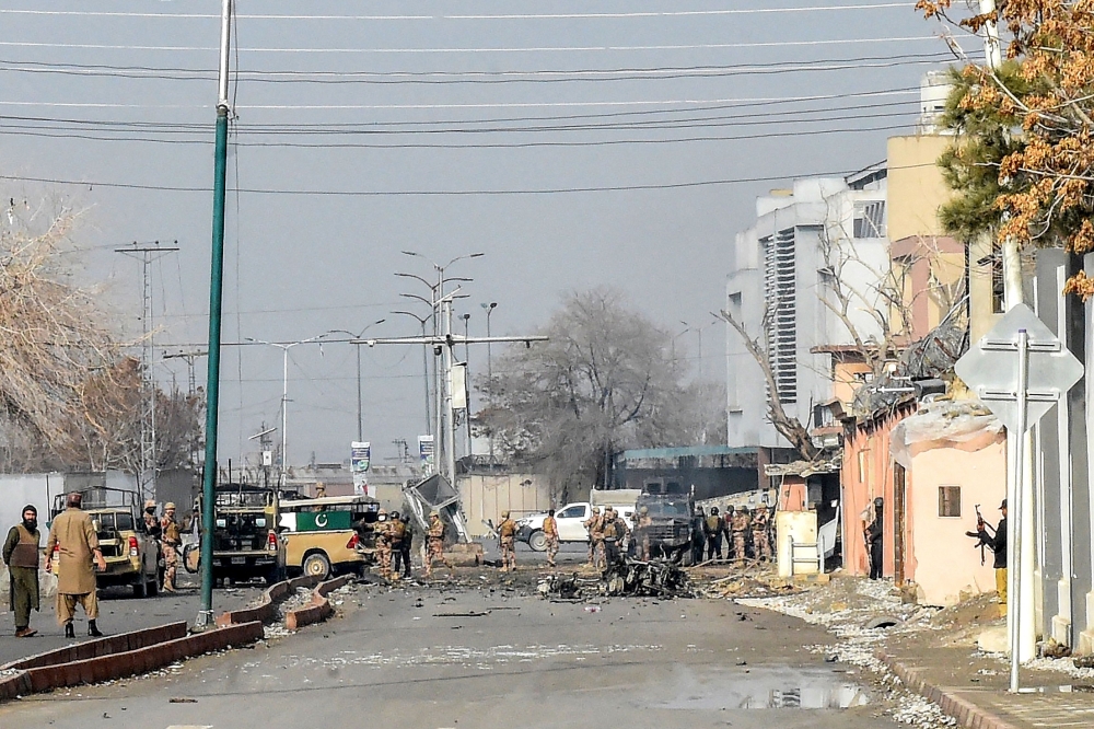 Security personnel inspect the blast site after an attack by Baloch separatists in Quetta on January 31, 2026. (Photo by Adnan Ahmed / AFP)
 