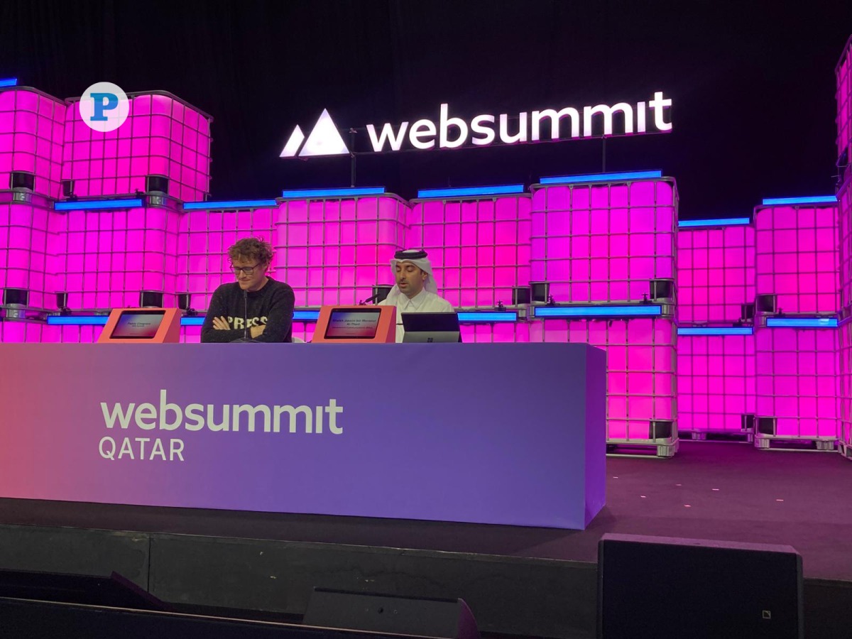 Web Summit Founder and CEO Paddy Cosgrave and GCO Director H E Sheikh Jassim bin Mansour bin Jabor Al-Thani addressing the press conference today. 