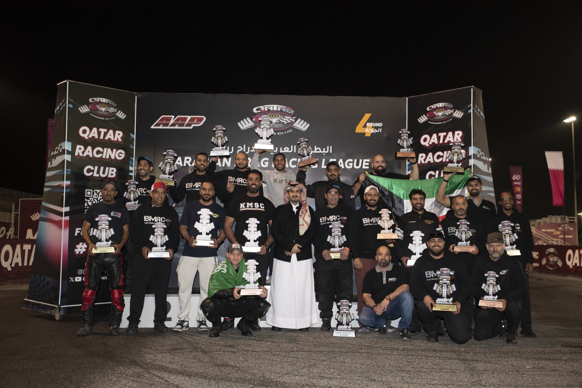 QRC Director General Sheikh Jabor bin Khalid Al Thani with the podium winners of Arabian Drag Racing League Round 4. 