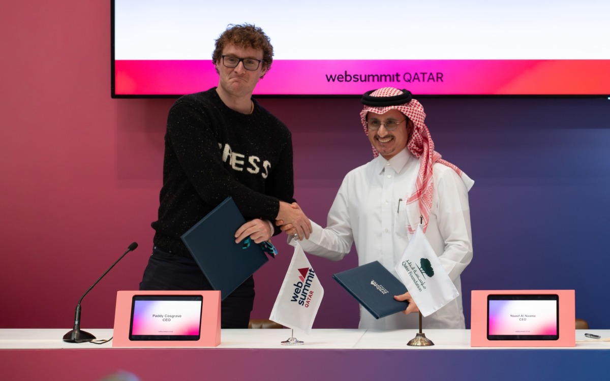 CEO of Qatar Foundation Yousif Al-Naama and Founder and CEO of Web Summit Paddy Cosgrave at the signing event yesterday. 
