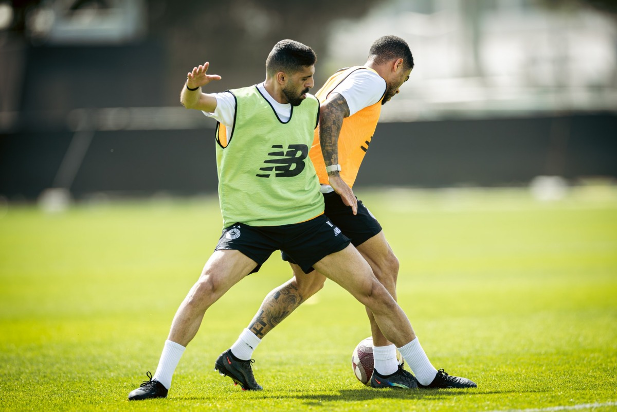 Al Sadd's Hassan Al Haydos (left) and Paulo Otavio during a training session. 
