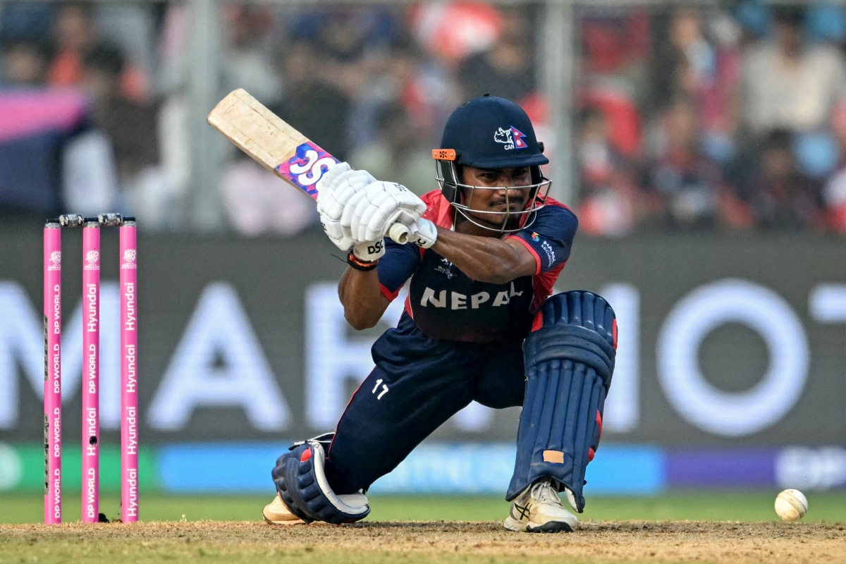 Nepal's captain Rohit Paudel plays a shot during the 2026 ICC Men's T20 Cricket World Cup group stage match between England and Nepal at the Wankhede Stadium in Mumbai on February 8, 2026. (Photo by Indranil MUKHERJEE / AFP)