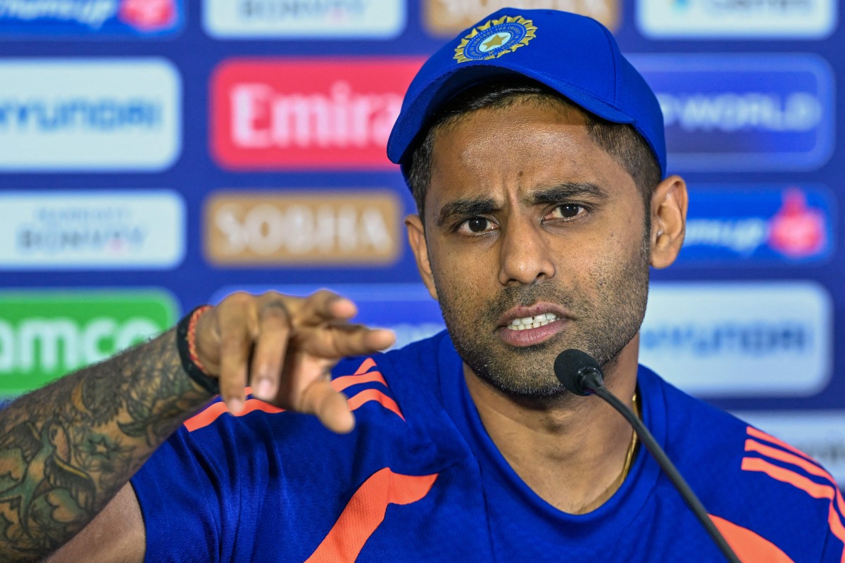 India's captain Suryakumar Yadav addresses a press conference on the eve of their 2026 ICC Men's T20 Cricket World Cup group stage match against Pakistan at the R Premadasa Stadium in Colombo on February 14, 2026. (Photo by Ishara S. KODIKARA / AFP)
