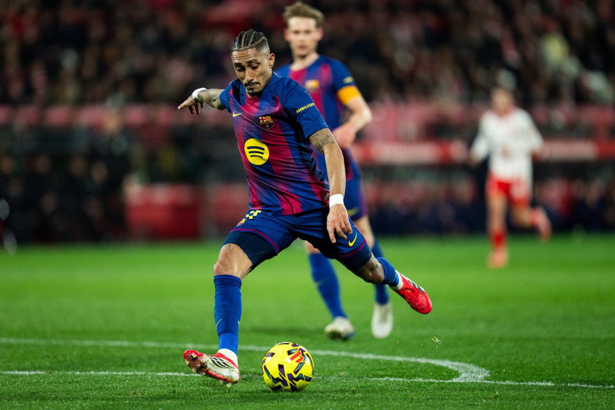 Raphinha of Barcelona shoots during the La Liga football match between Girona FC and FC Barcelona in Girona, Spain, Feb. 16, 2026. (Photo by Joan Gosa/Xinhua)