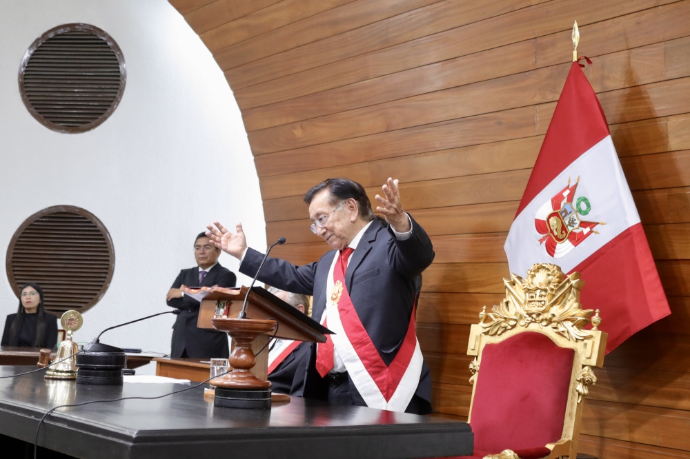Jose Balcazar speaks after being sworn in as president of Peru at the Congress of the Republic of Peru, in Lima, Peru, on Feb. 18, 2026. (Peru's Congress/Handout via Xinhua)