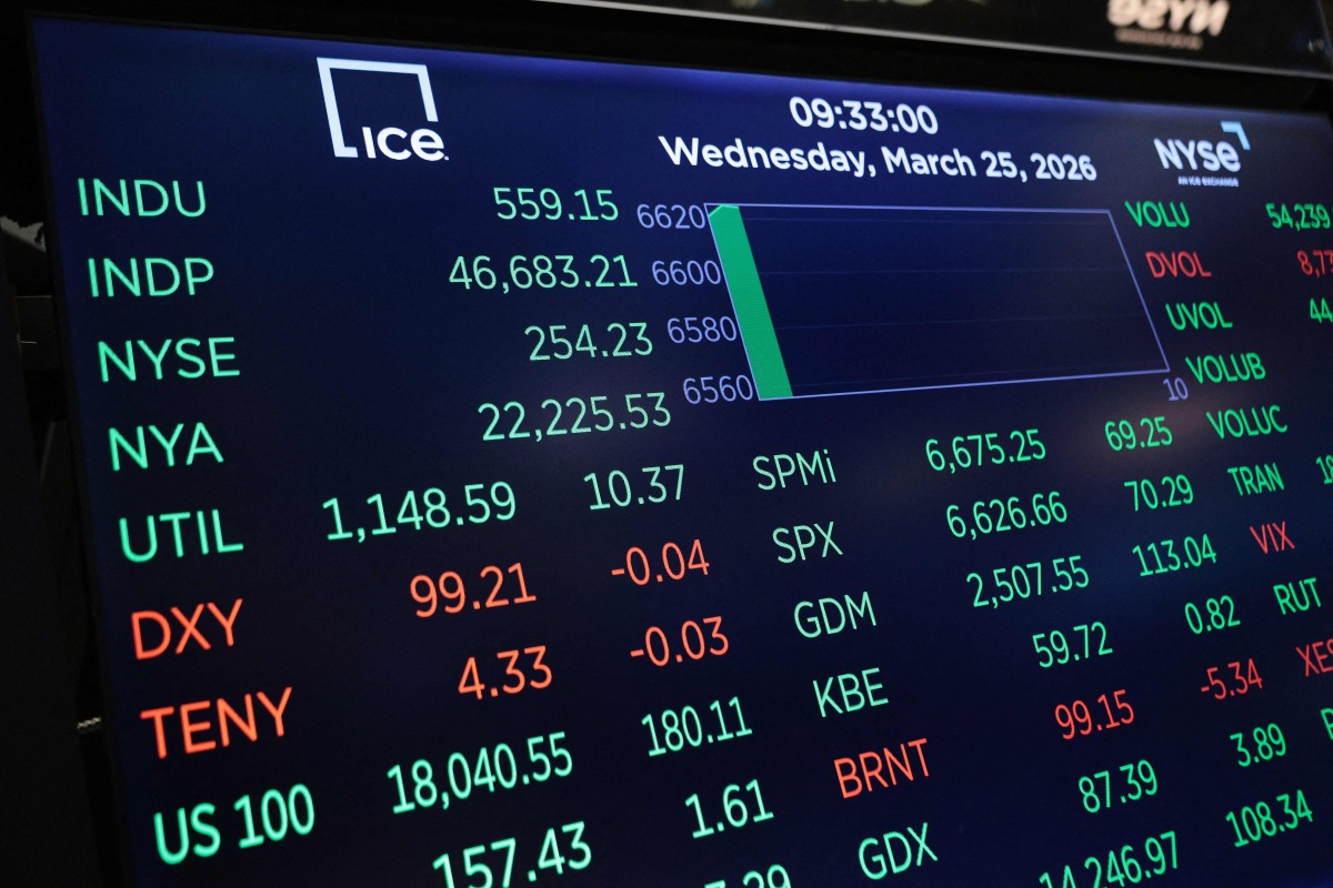 Stock market numbers are displayed on the floor of the New York Stock Exchange during morning trading on March 25, 2026 in New York City. Photo by Michael M. Santiago / GETTY IMAGES NORTH AMERICA / Getty Images via AFP