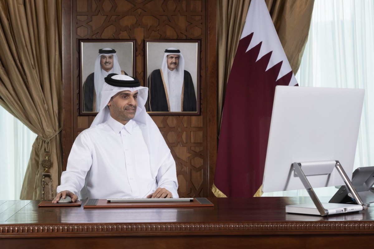 Minister of Transport H E Sheikh Mohammed bin Abdulla bin Mohammed Al-Thani taking  part in the 28th extraordinary meeting of the Committee of Transport Ministers of the Gulf Cooperation Council via videoconference yesterday. 