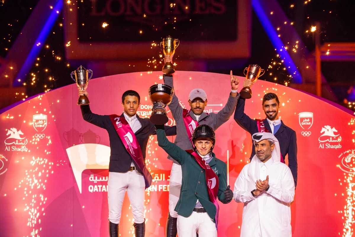 Overall One-Star champion of the Doha Equestrian Tour 2026 Saad Al Saad (back, centre) celebrates with other outstanding riders of the season, along with Member of the Doha Equestrian Tour 2026 Organising Committee and the Al Shaqab Board of Directors Rashid Nasser Saree Al Kaabi.