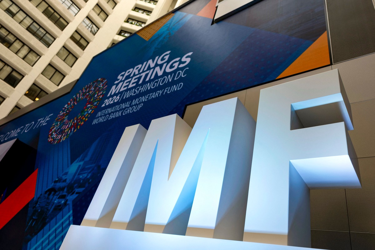 The stage in the atrium of the International Monetary Fund (IMF) headquarters is seen during the first day of the 2026 Spring Meetings of the IMF and the World Bank Group (WBG) in Washington, DC, on April 13, 2026. (Photo by Kent Nishimura / AFP)