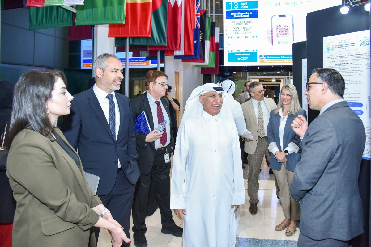 President of UDST Dr. Salem Al-Naemi interacts with experts at the forum. 